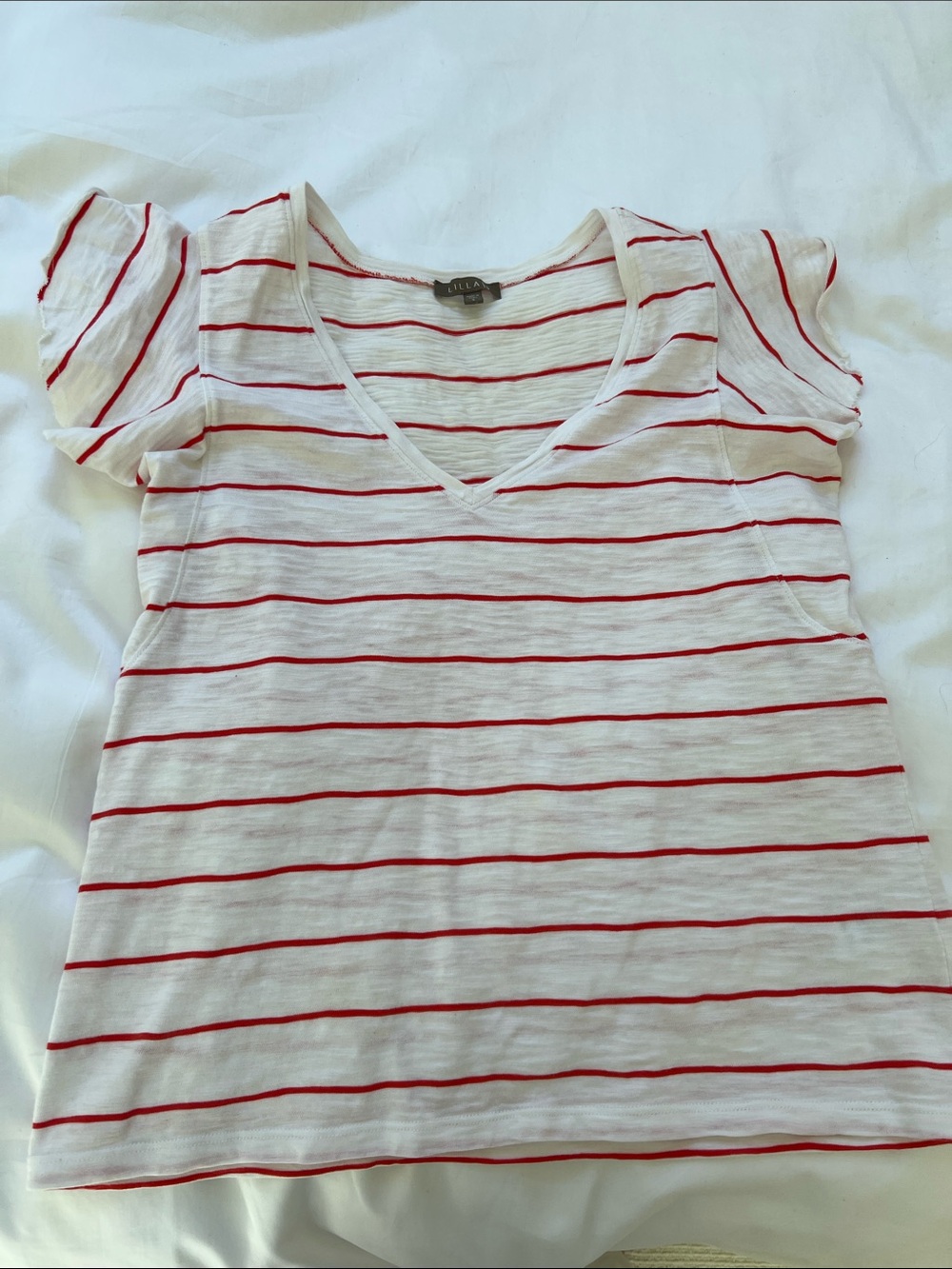 Lilla P White Tee with Red Stripes V-Neck